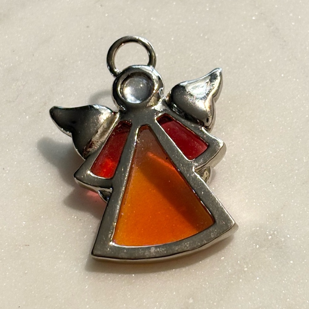 Stained Glass Red And Orange Angel Brooch Pin With Silver Tone Trim